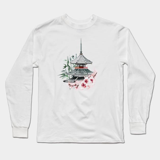 Japanese Painting of Beautiful Pagoda among Cherry Blossoms and Bamboo Long Sleeve T-Shirt by KOTOdesign